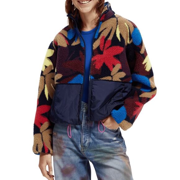 SCOTCH & SODA Teddy Fleece Anorak Flower Camo Blue Zip Up Jacket Size XS - Picture 2 of 11